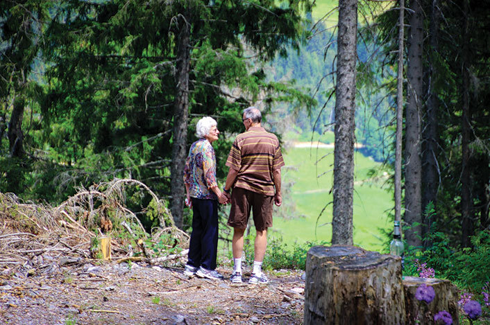 A couple holding hands as they take a stroll through the woods. Links to Donor-Advised Funds