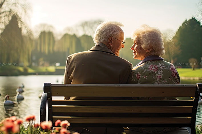 A couple gazing at each other as they sit on a bench that overlooks a body of water. Links to Gifts by Will