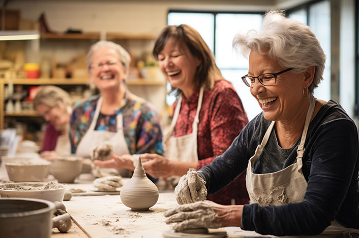 Women happily working on pottery together. Links to Gifts of Cash, Checks, and Credit Cards